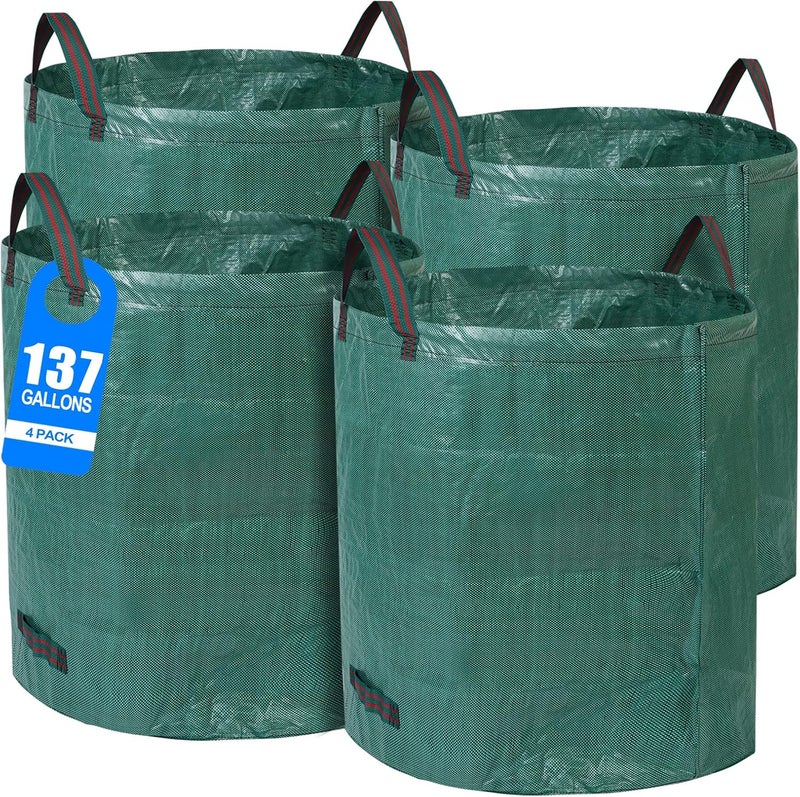 Pilntons 4 Pack 137 Gallons Reusable Yard Waste Bags with Double Bottom Layer Extra Large Leaf Lawn Bags Reusable Heavy Duty With 4 Reinforced Handles Garden waste Bags for Debris Grass Clipping - Image 1